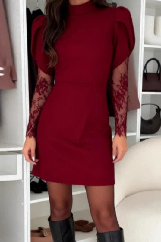Glorol - O-Neck Lace Long Sleeve Slim High Waist Pleated A-Line Mini Dress