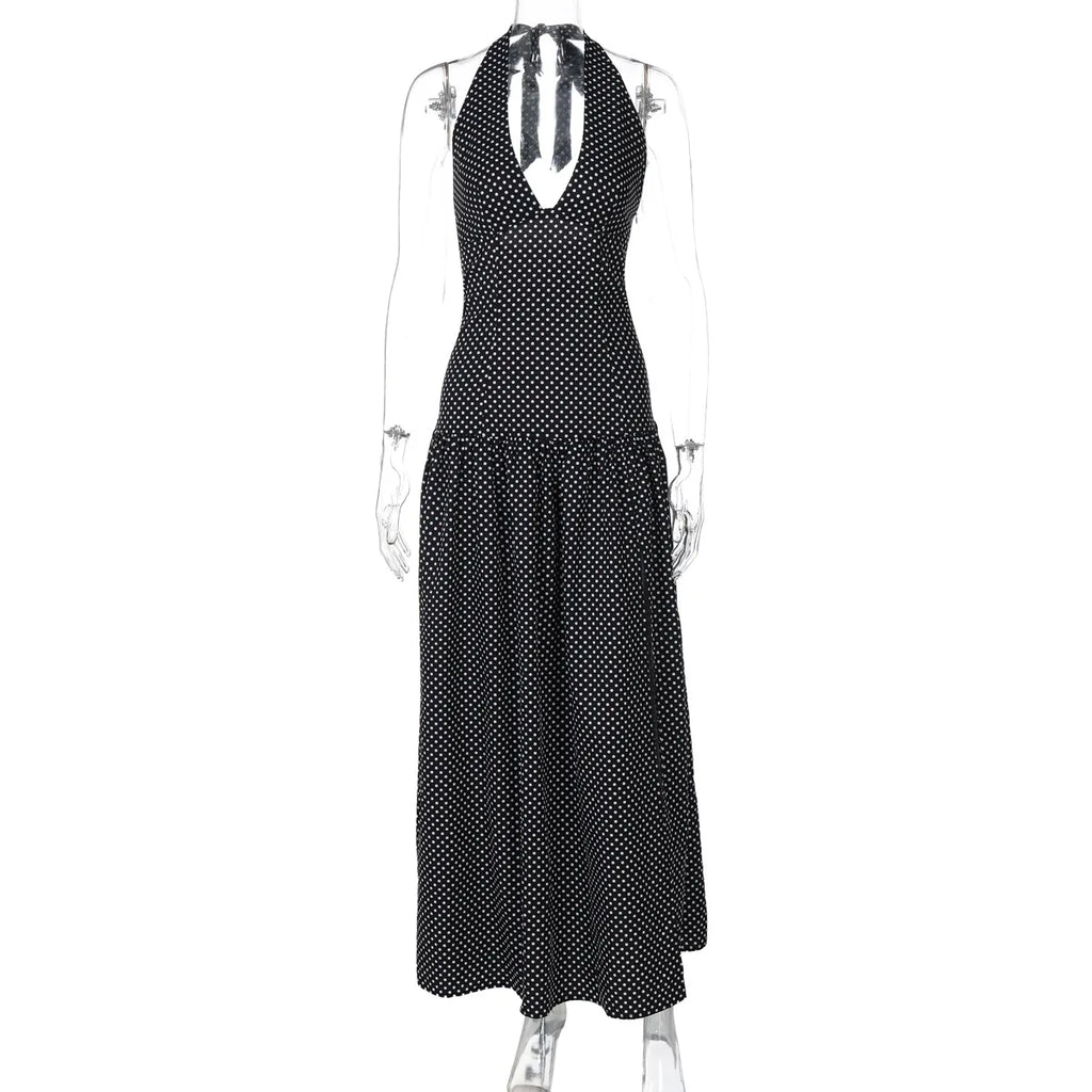 Glorol - Polka Dot V Neck Lace Up Backless Slim Maxi Dress