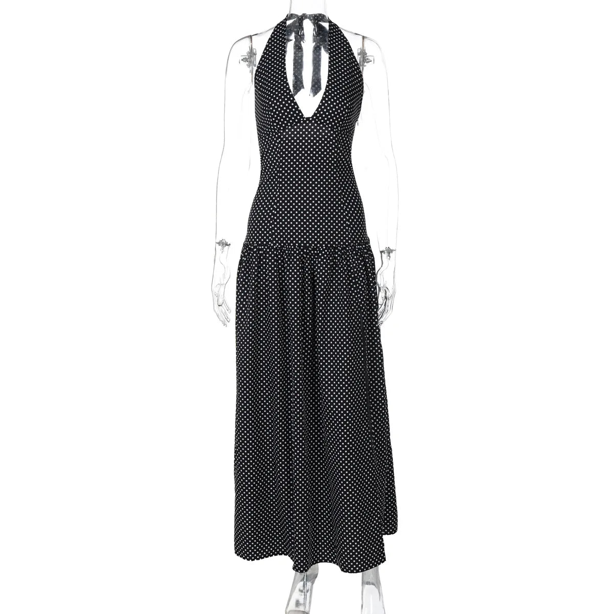 Glorol - Polka Dot V Neck Lace Up Backless Slim Maxi Dress