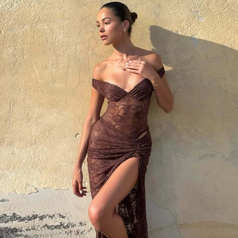 Glorol - Lace Patchwork Backless See Through Maxi Dress