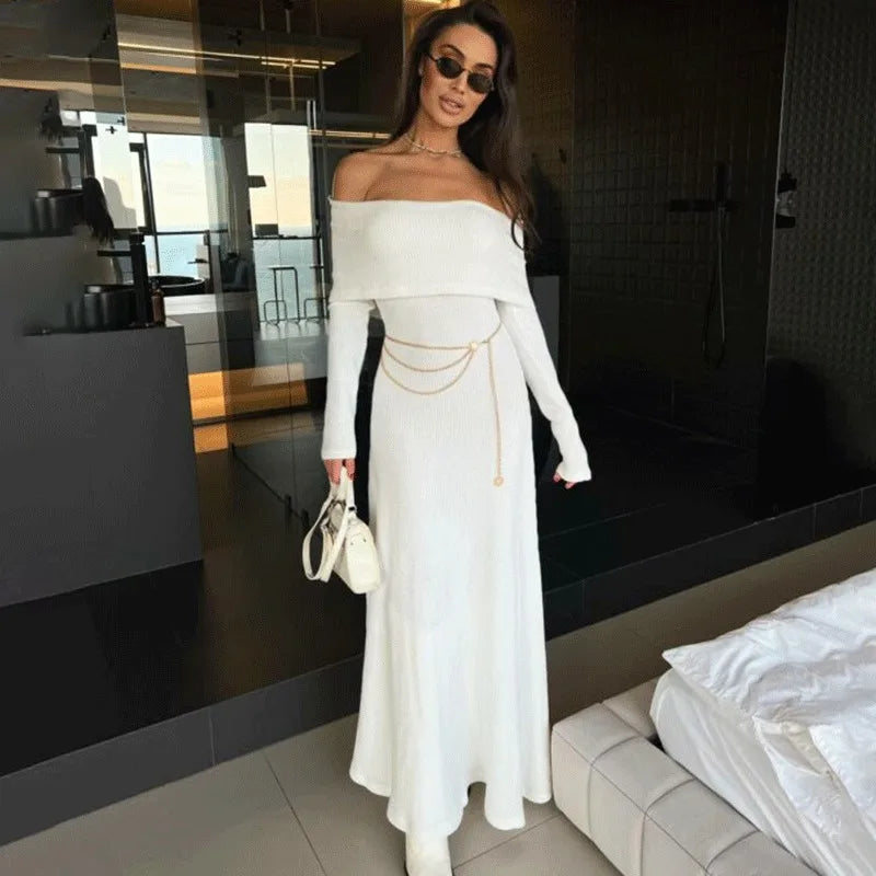 Glorol - Elegant Off-Shoulder High Waist Maxi Dress