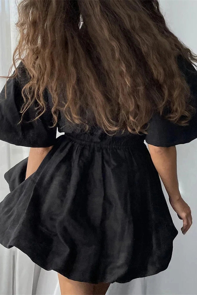 Glorol - Lace-Up Short Sleeve V-Neck High Waist Mini Dress