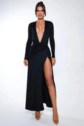 Glorol - Deep V Neck Long Sleeve High Split Maxi Dress