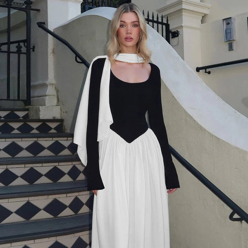 Glorol - Patchwork Scarf Ribbon Round Neck A-Line Maxi Dress