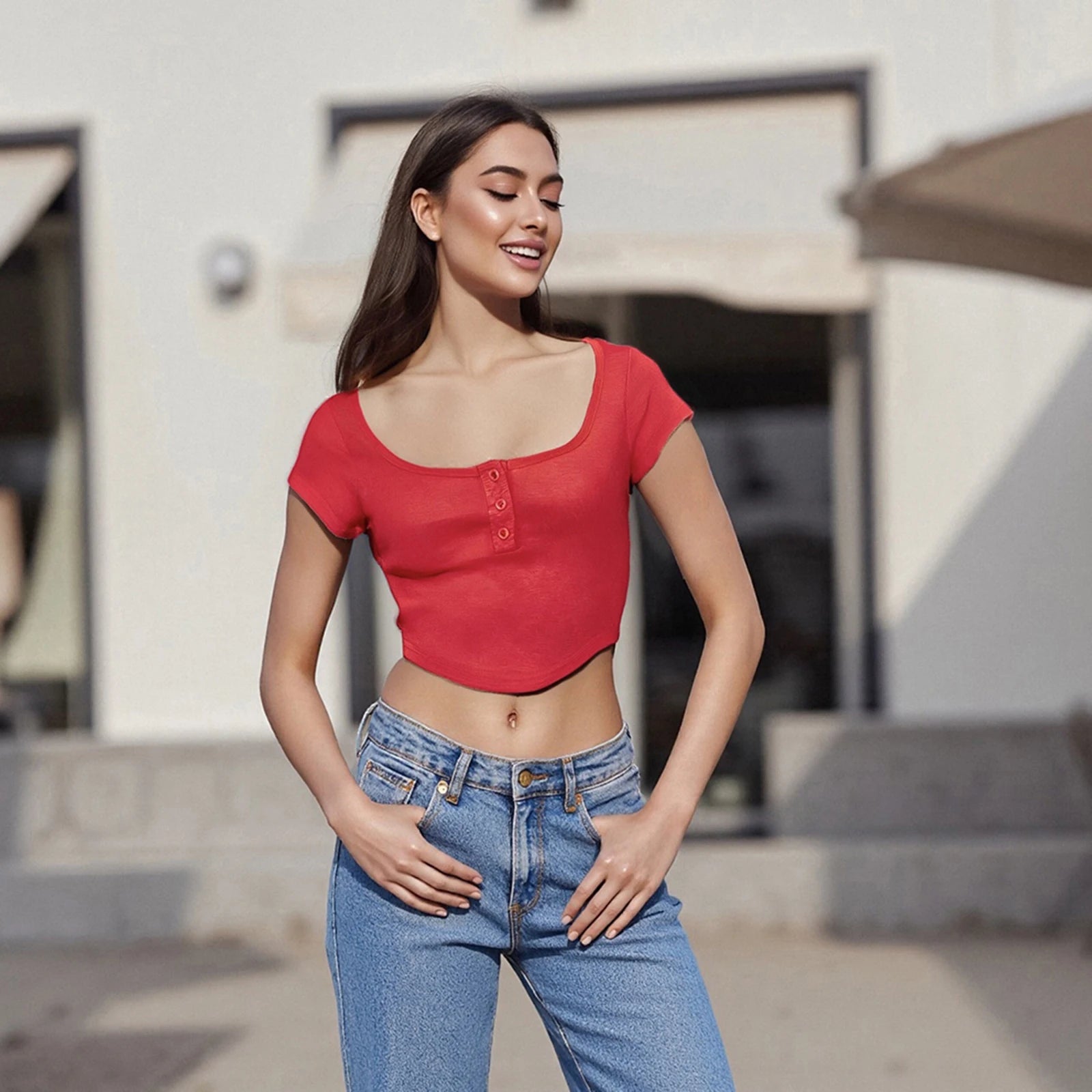 Glorol - Button-Up Scoop Neck Sleeve Slim Top
