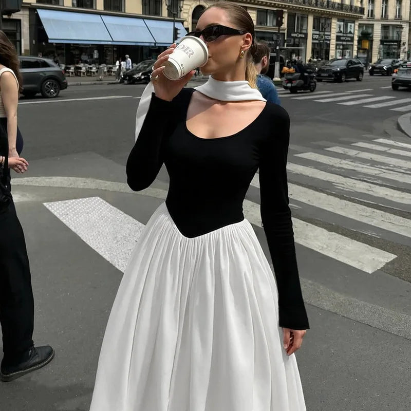 Glorol - Patchwork Scarf Ribbon Round Neck A-Line Maxi Dress