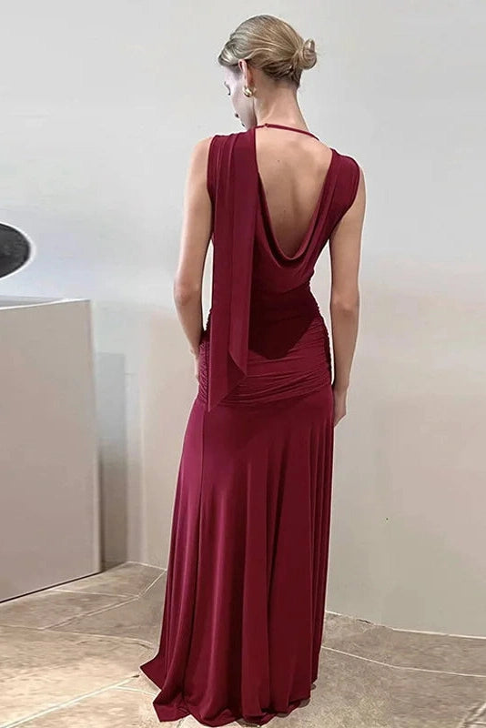Glorol - Elegant Backless Slim V-Neck Irregular Maxi Dress