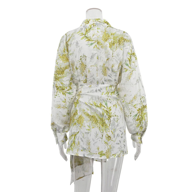 Glorol - Printed V Neck Long Sleeve Lace Up Loose Mini Dress