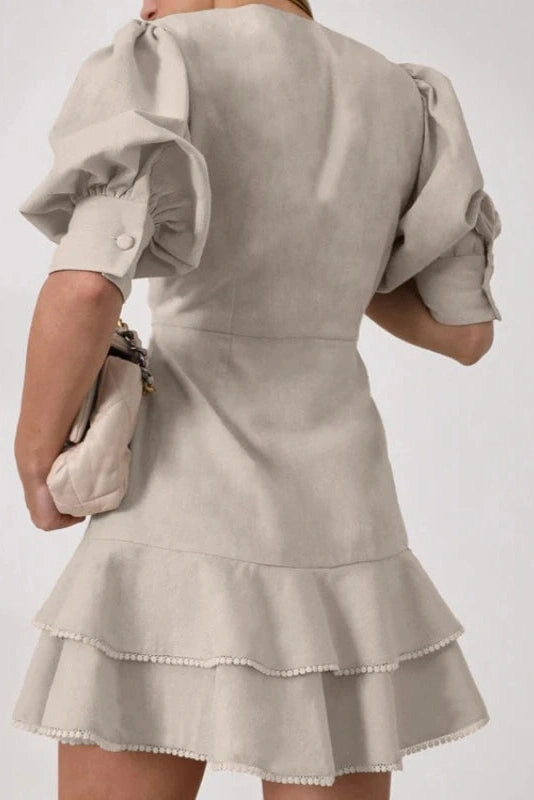 Glorol - Lantern Sleeve A-Line V-Neck Single-Breasted High Waist Mini Dress