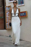 V-Neck Backless Slim Lace-Up Patchwork Maxi Dress