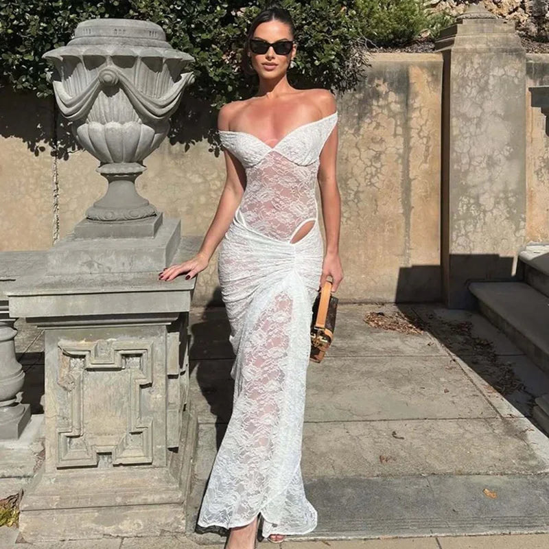 Glorol - Lace Patchwork Backless See Through Maxi Dress