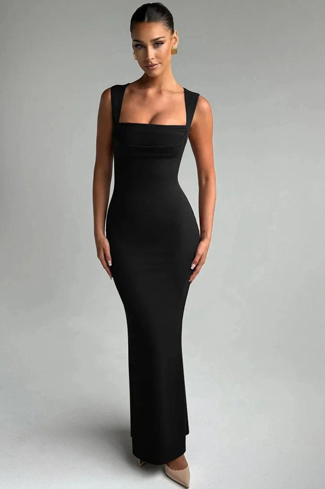 Glorol - Square Collar Sleeveless High Waist Bodycon Maxi Dress