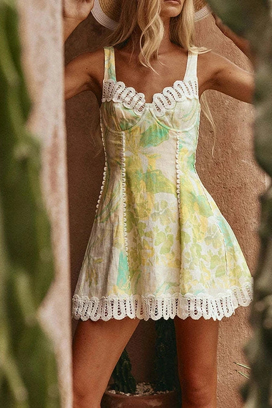 Glorol - Printed Lace Sleeveless High Waist A-Line Pleated Mini Dress