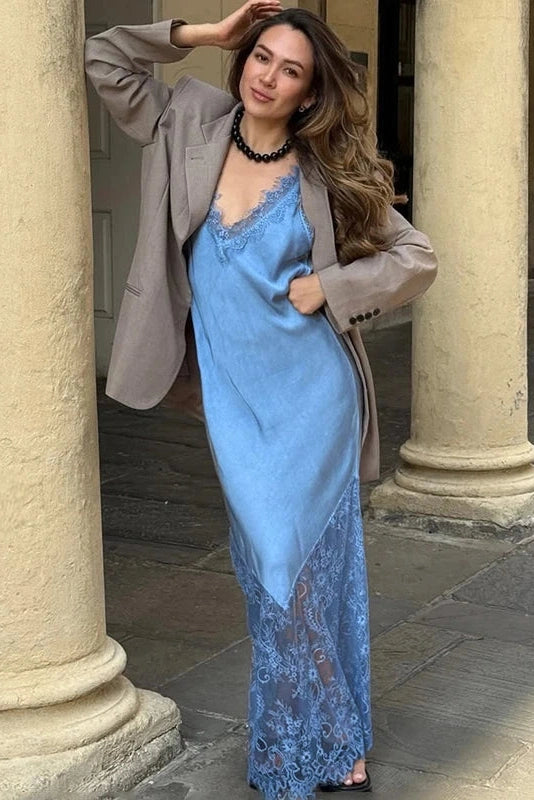 Glorol - Hollow Lace Loose Backless V-Neck Sleeveless Maxi Dress