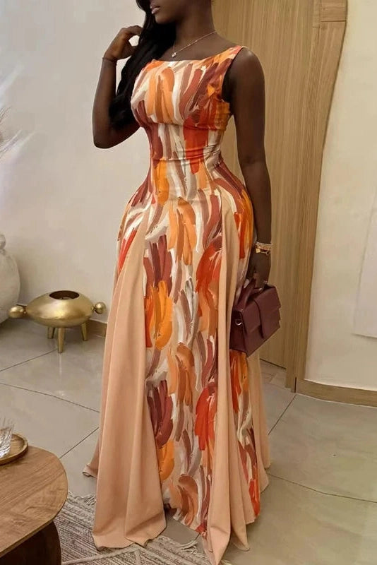 Glorol - Printed High Waist Pleated Slim Sleeveless Maxi Dress