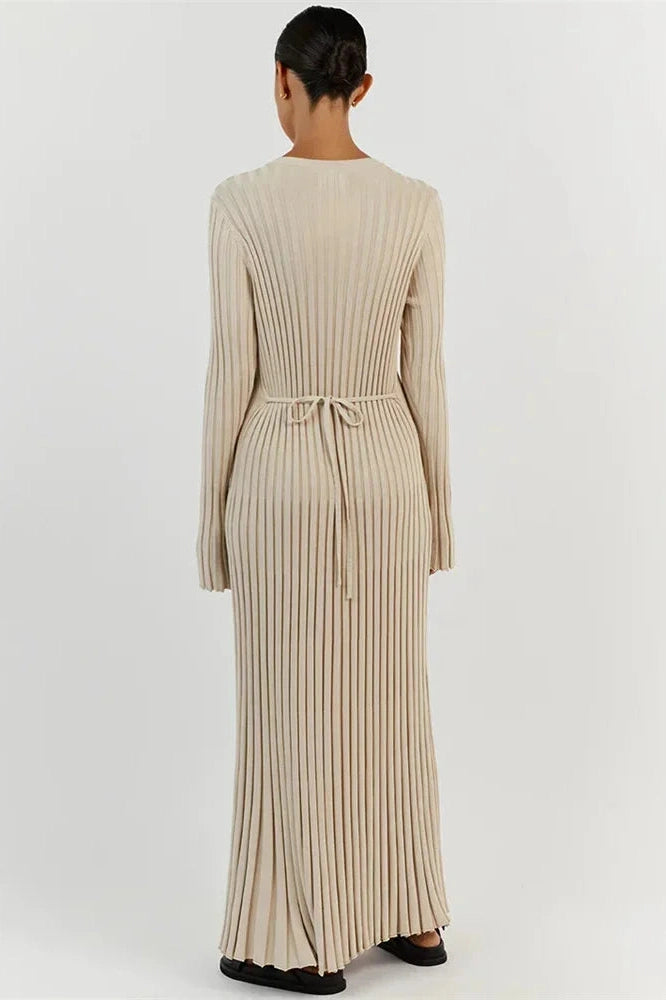 Glorol - Lace-Up High Waist Patchwork Long Sleeve Maxi Dress