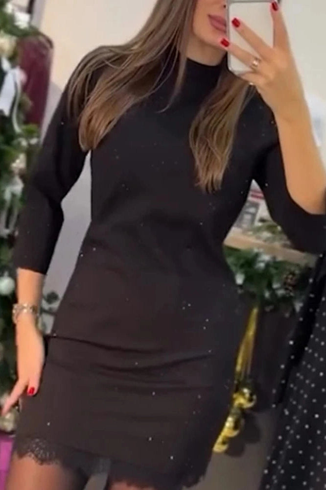 Glorol - Elegant O-Neck Long Sleeve High Waist Slim Lace Mini Dress