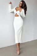 Glorol - Hollow Out Long Sleeve Patchwork Slim Midi Dress