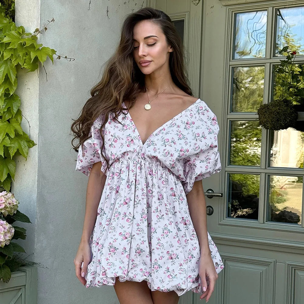 Glorol - Printed Deep V-Neck Puff Sleeve Lace-Up Mini Dress