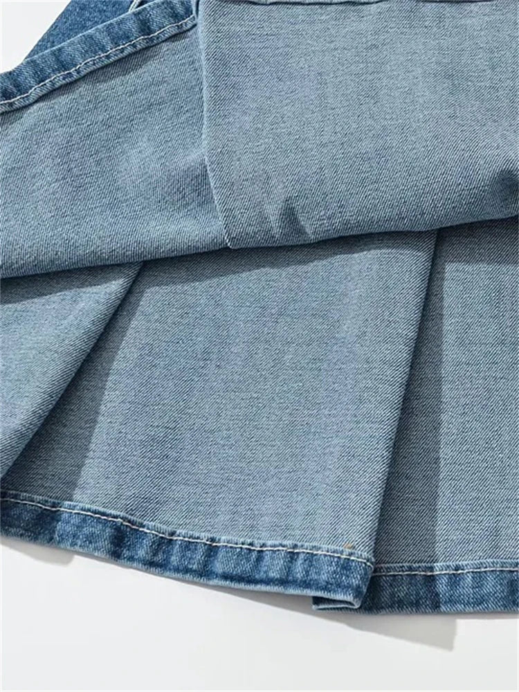 Glorol - Pleats Belt High Street Jeans Skirt