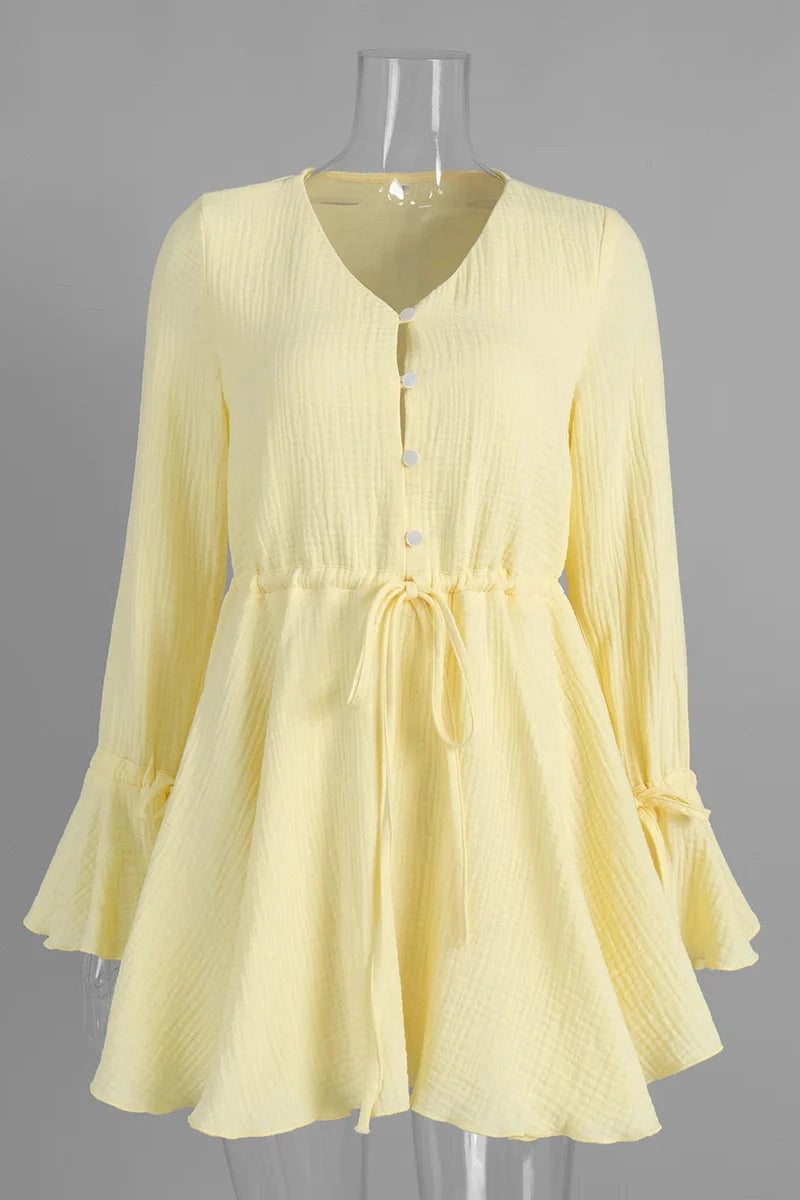 Glorol - Flared-Sleeve V-Neck Lace-Up Button A-Line Mini Dress