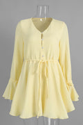 Glorol - Flared-Sleeve V-Neck Lace-Up Button A-Line Mini Dress
