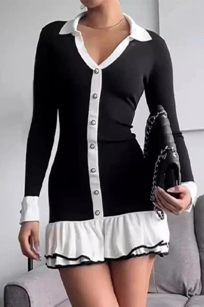 Glorol - Long Sleeve V Neck Pearl Mini Dress