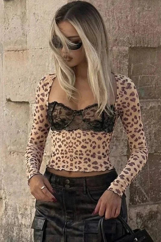 Glorol - Printed Lace V-Neck Long-Sleeve Top