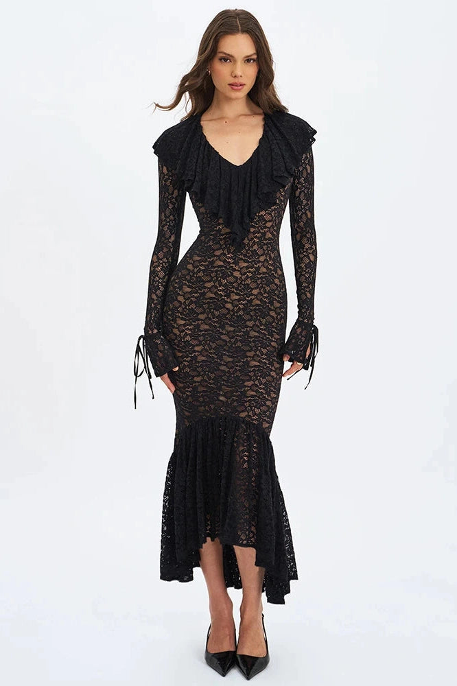 Glorol - Lace V Neck Long Flare Sleeve High Waist Maxi Dress