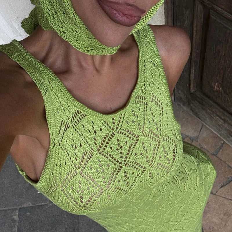 Glorol - See-Through Knitted Sleeveless Maxi Dress