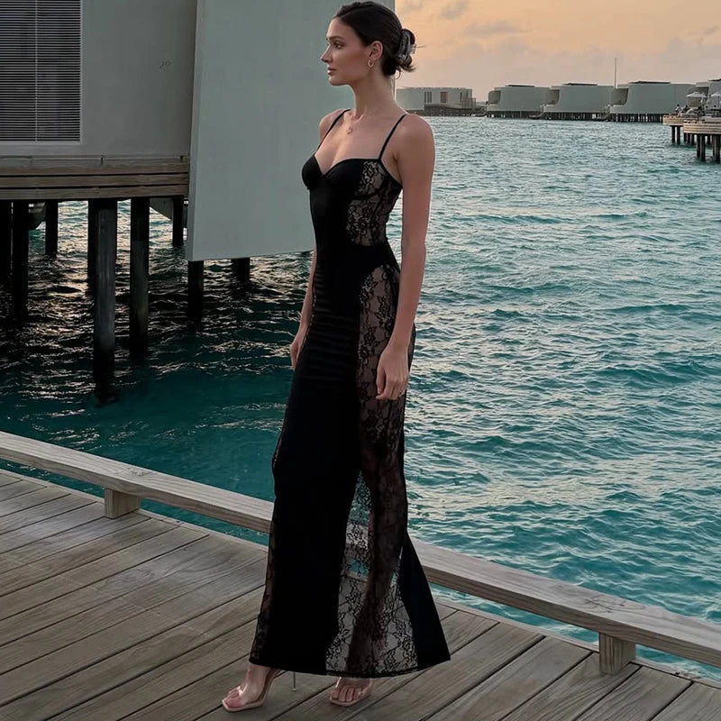 Glorol - Lace Spaghetti Strap Slim Sleeveless Maxi Dress