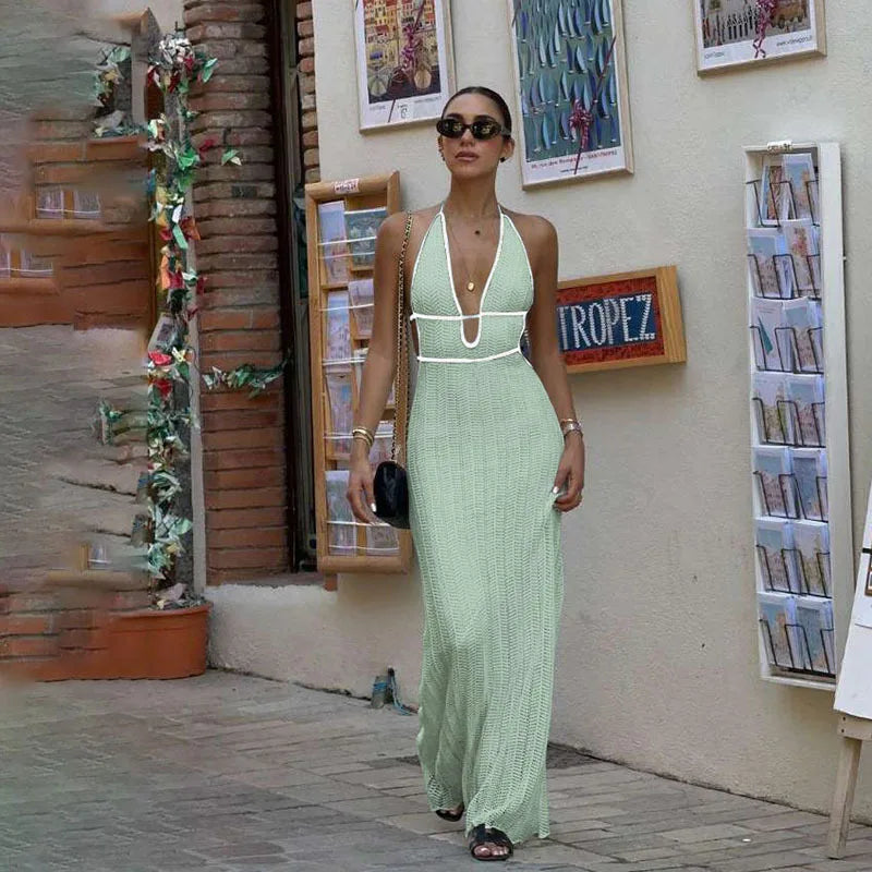 Glorol - Backless Lace-Up V-Neck Sleeveless Maxi Dress