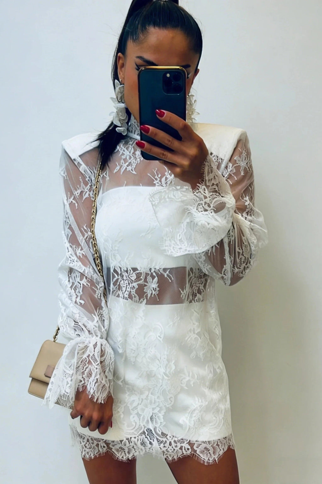 Glorol - Hollow Out Lace Patchwork Mini Dress