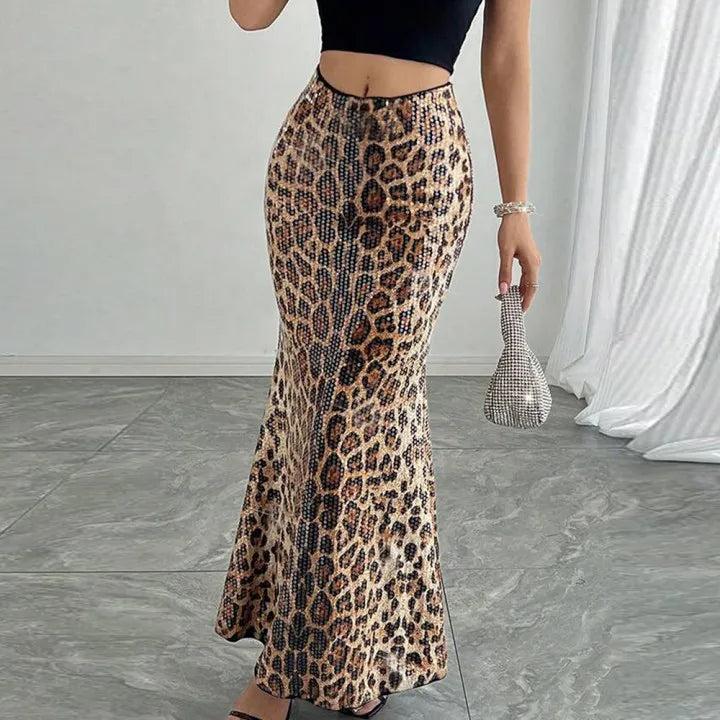 Glorol - Leopard Print Sequin Patchwork Skirt