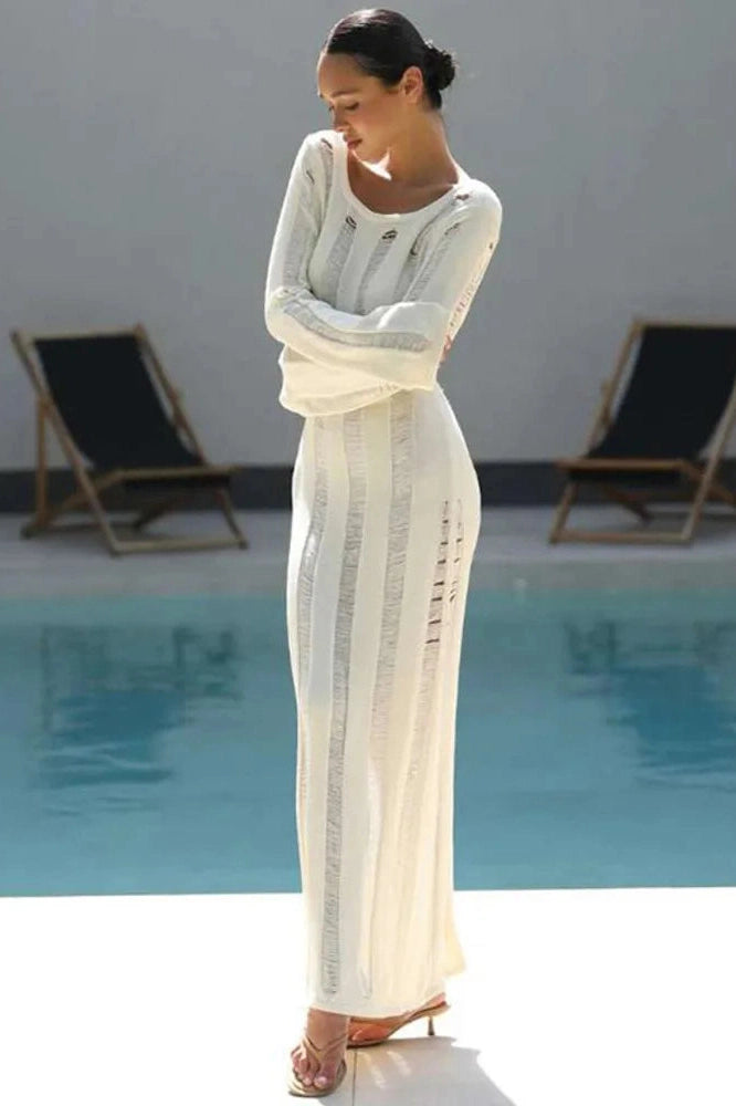 Glorol - Hollow Out Backless Long Sleeve Knit Bodycon Maxi Dress