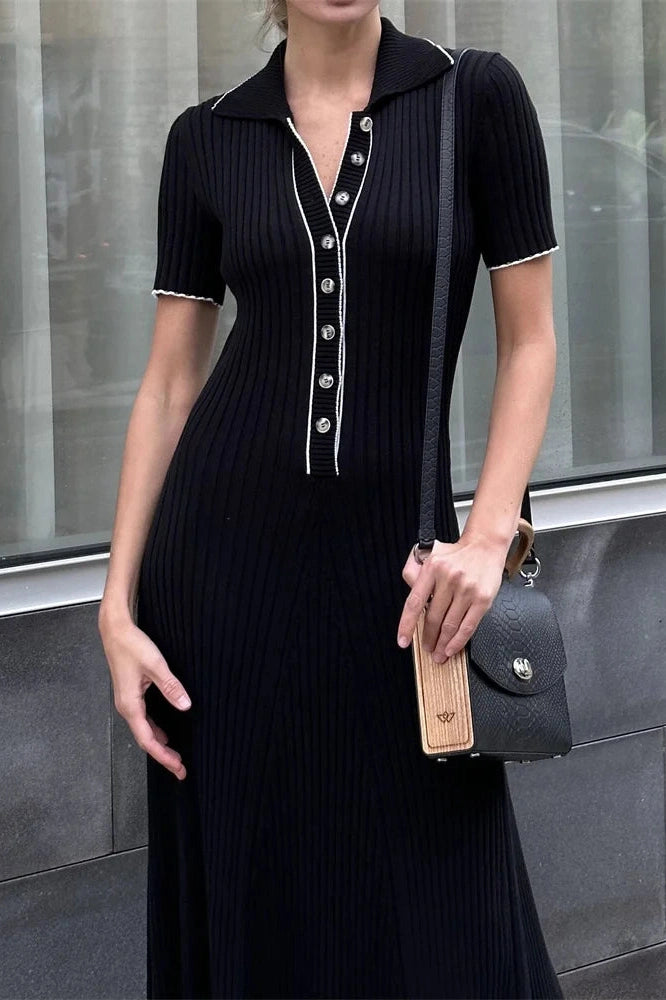 Glorol - Deep V Neck Slim Short Sleeve Knitted Bodycon Maxi Dress