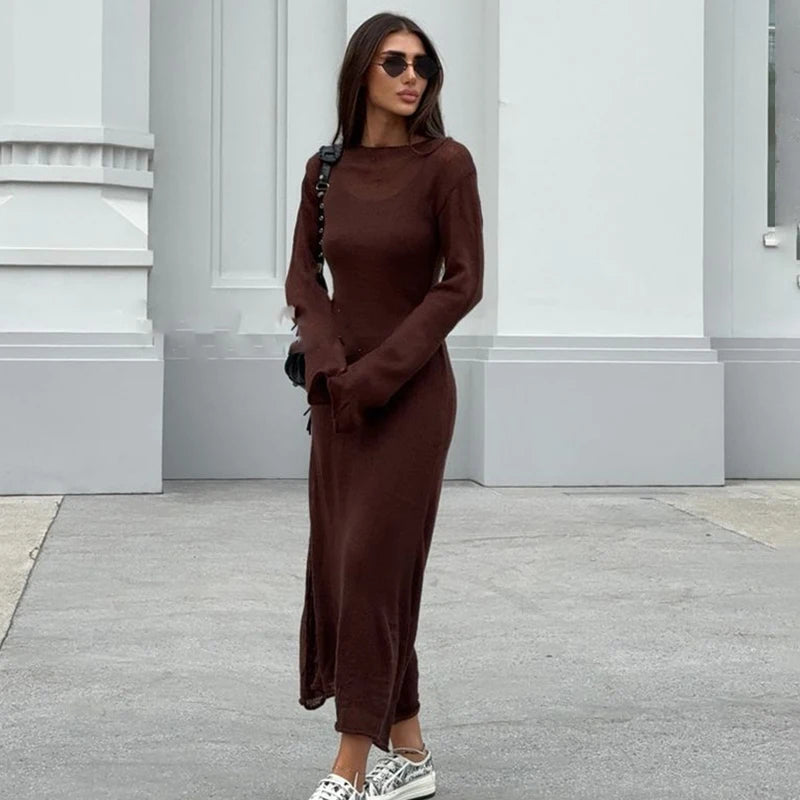 Glorol - See Through Loose Long Sleeve Knitted Maxi Dress