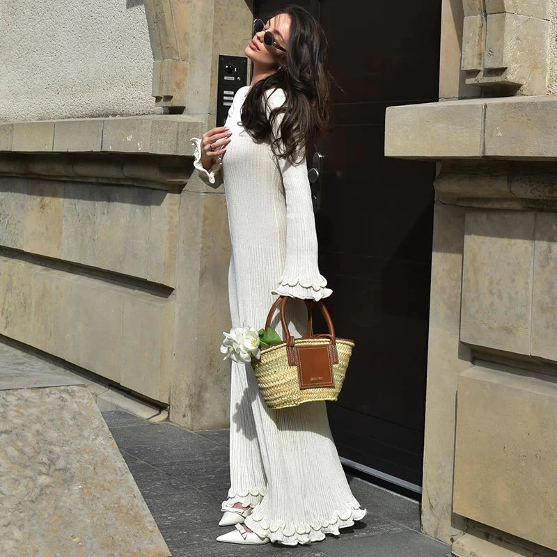 Knit Lace-Up Long Sleeve Loose Pleated Maxi Dress