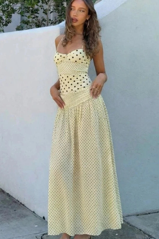 Glorol - Elegant Polka Dots Sleeveless Slim Maxi Dress