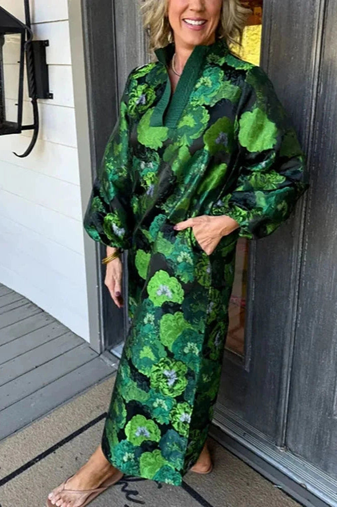 Glorol - Elegant Pocket Floral Printed Long Sleeve Loose Maxi Dress