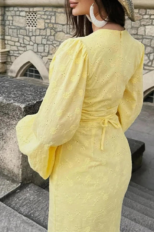 Glorol - Elegant Hollow Out V-Neck High Waist Lantern Sleeve Maxi Dress