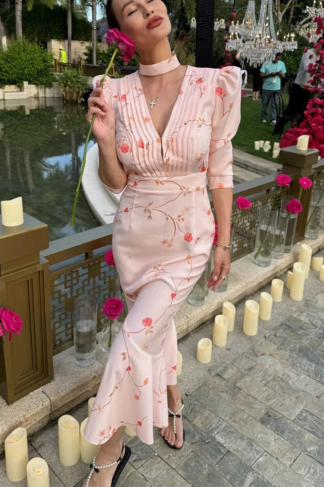 Glorol - Printed V-Neck High Waist Slim Lace-Up Maxi Dress