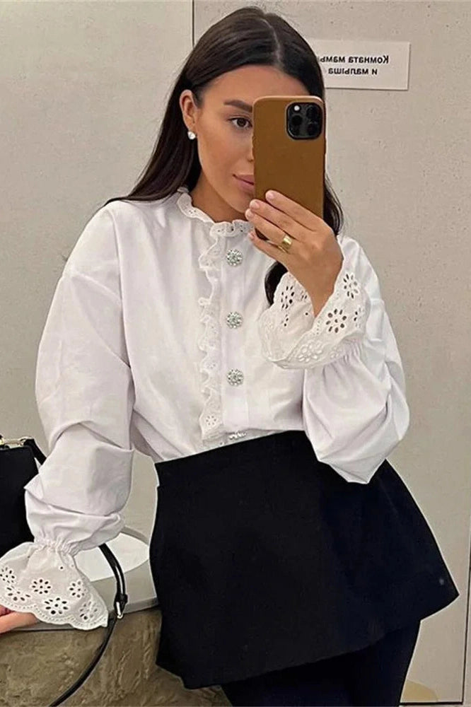 Glorol - Hollow Out Patchwork Long Sleeve Top