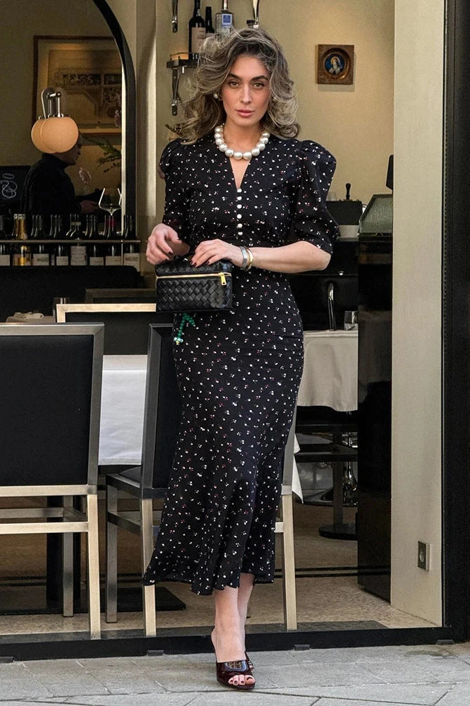 Glorol - Elegant Printed Puff Sleeve V-Neck High Waist Maxi Dress