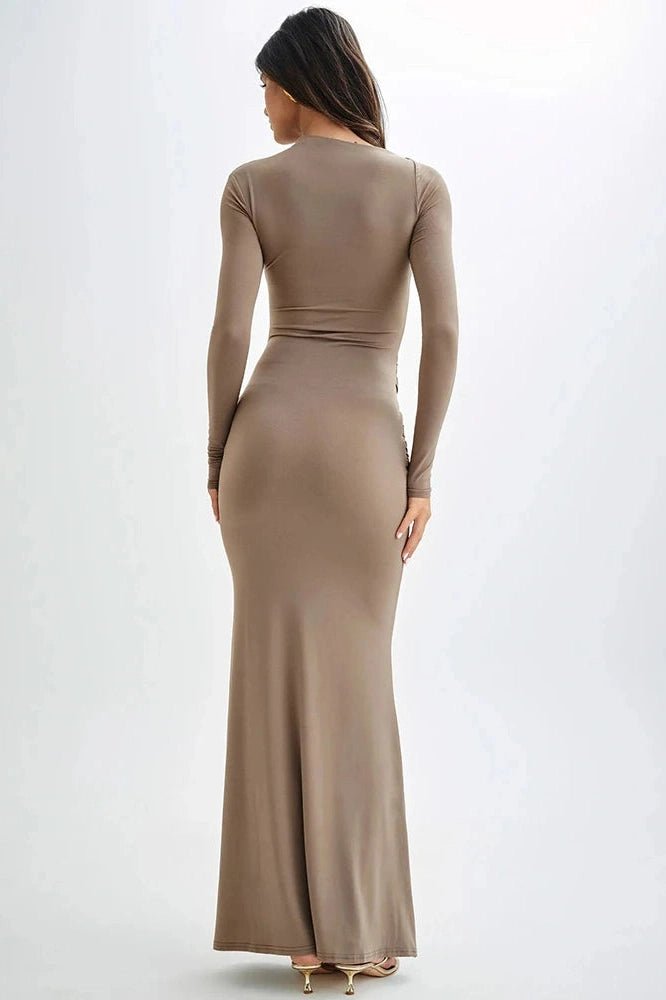 Glorol - Diagonal Collar Long Sleeve High Waist Bodycon Maxi Dress