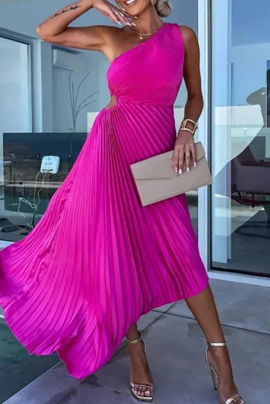 Glorol - Hollow Out One Shoulder Slim Fit Pleated Maxi Dress