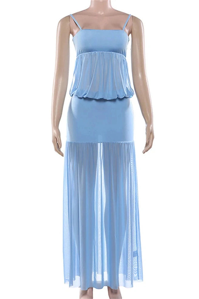 Glorol - See-Through Patchwork Spaghetti Straps Maxi Dress
