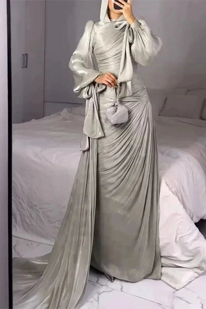 Glorol - Elegant Long Sleeve High Waist Pleated Slim Maxi Dress