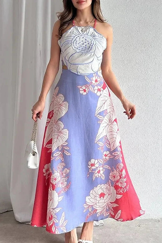 Glorol - Hollow Out Lace Up Backless Sleeveless Printed Maxi Dress