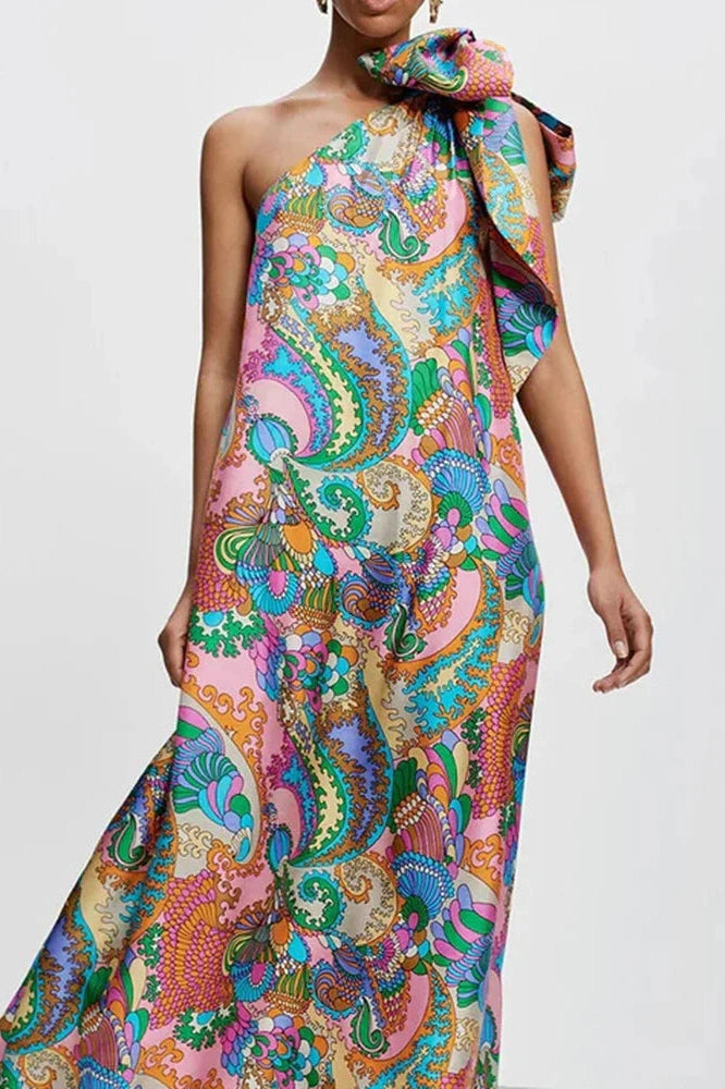 Glorol - Elegant Printed Off Shoulder Pleated Maxi Dress